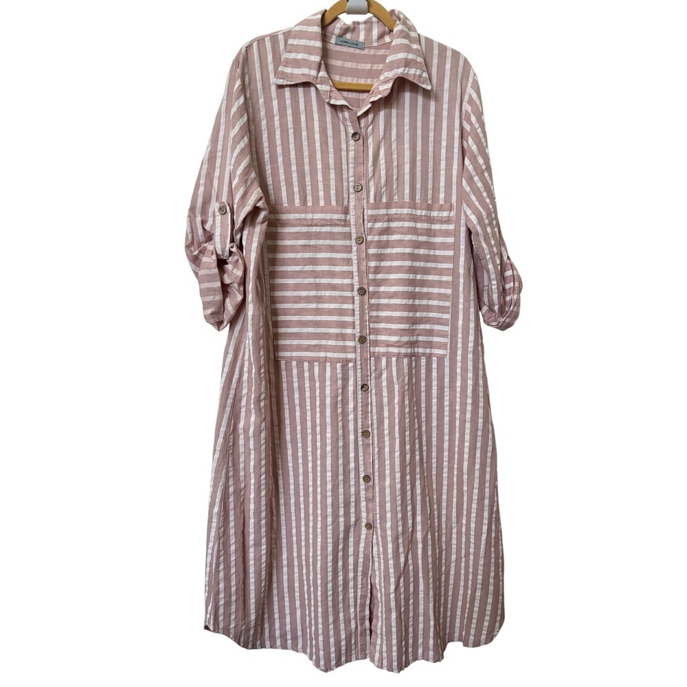 Angela Mara Pink White Striped Roll Tab Sleeve Midi Shirt Dress Relaxed Fit
